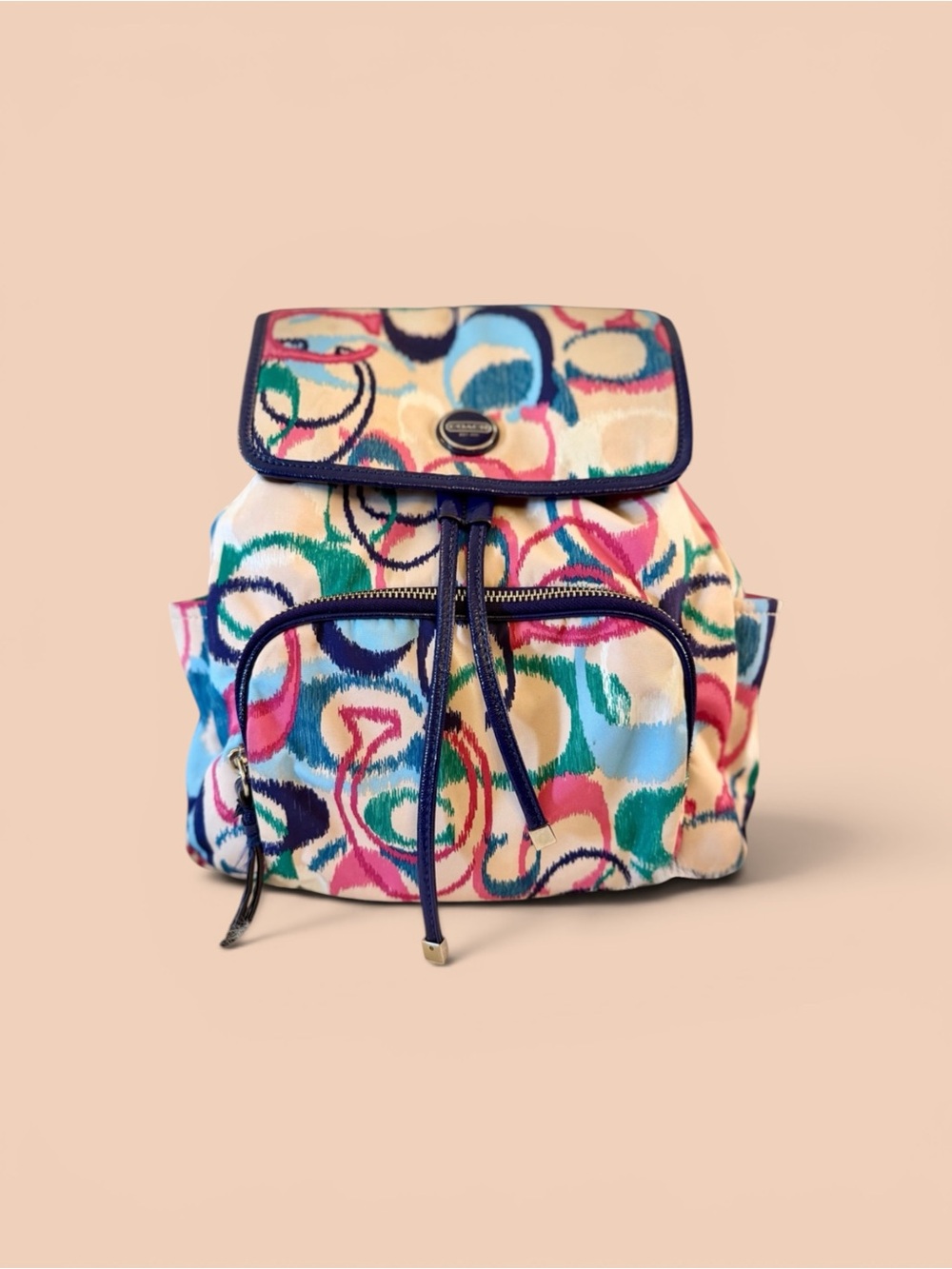 Coach Poppy Ikat signature Multicolor Canvas Drawstring Backpack with Navy Trim